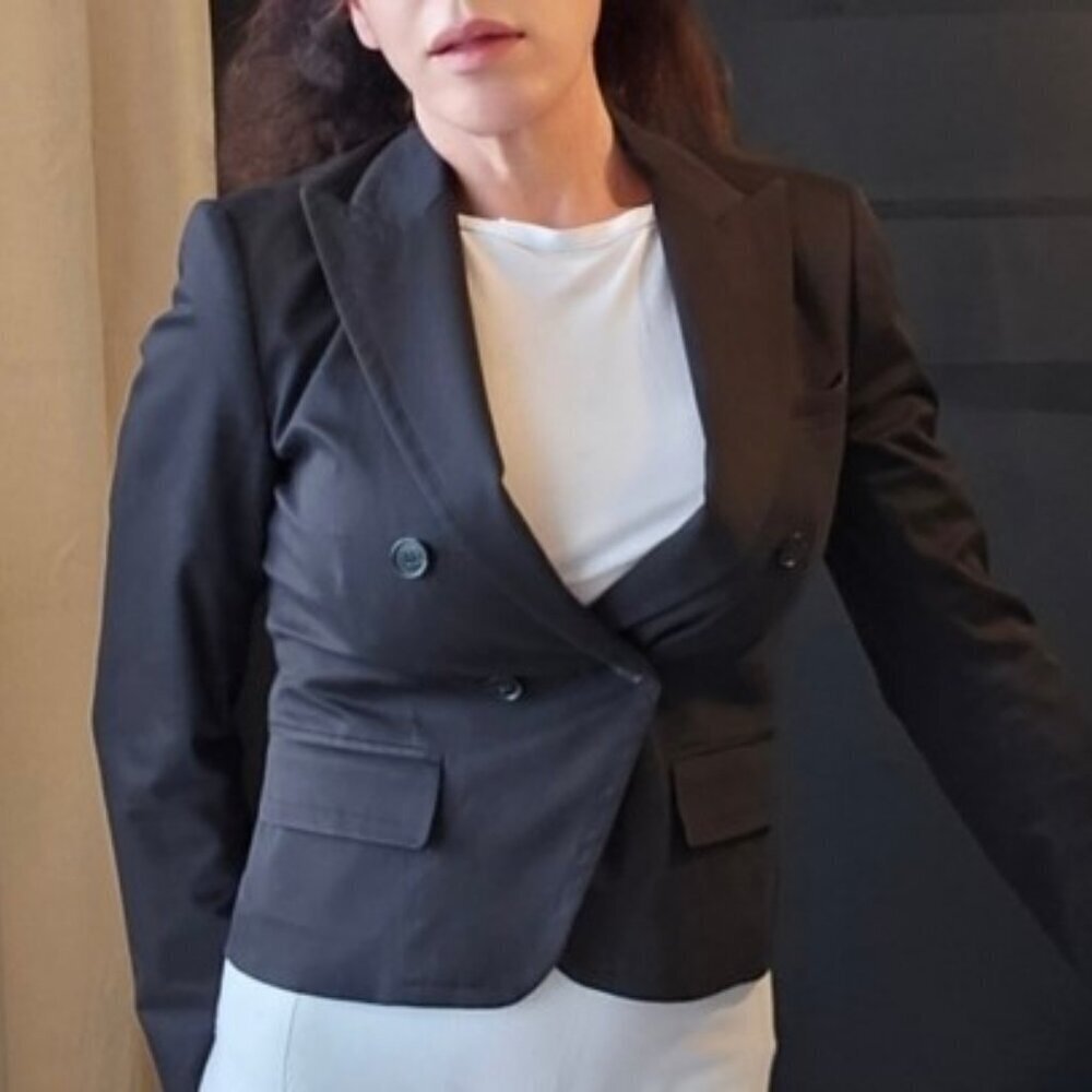 "Theory Double-Breasted Cropped Blazer in Stretch Cotton